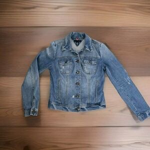Tommy Hilfiger Distressed Denim Jacket Womens Size XS Faux Pockets